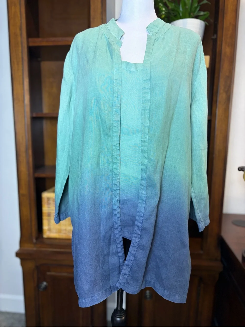 Dana Buchman 100% Linen Twinset Ombre Blue Green Coastal Grandma Cardigan Sz 12